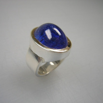 Ring 925 Silber + 750 Gelbgold mit Tansanit Cabochon oval ca.15x20mm