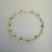 Unikatkette gearbeitet mit 925/- Silber vergoldet, Aquamarin, Peridot, Citrin und Iolith